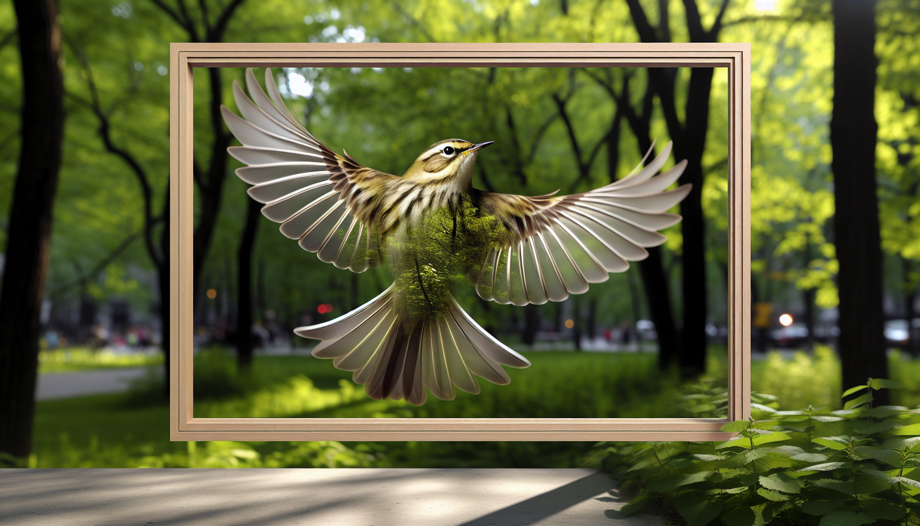 warbler in natural habitat - AI generated illustration for article about Bird-Friendly Architecture: How Glass Buildings Kill 1 Billion Birds