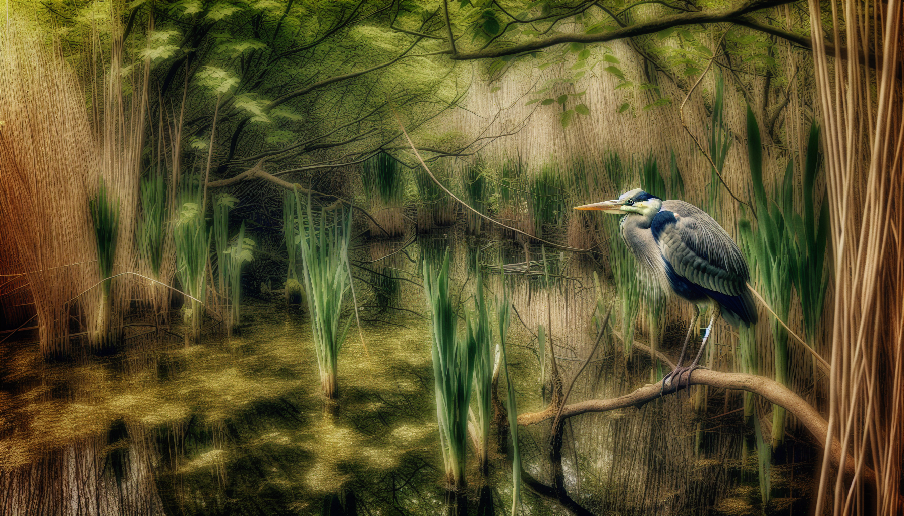 heron in natural habitat - AI generated illustration for article about Florida's Dry Winter Tests Wading Bird Resilience at Corkscrew Swamp