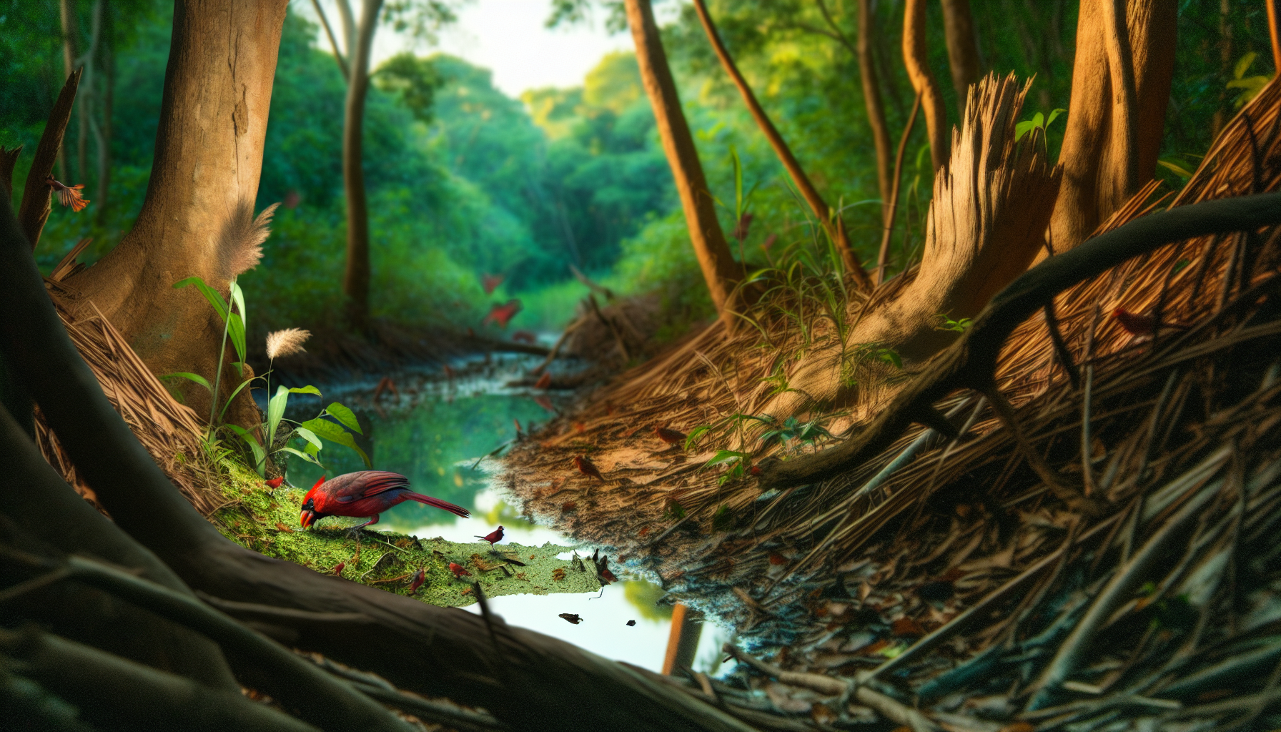 cardinal in natural habitat - AI generated illustration for article about Creating Cardinal-Friendly Landscapes: Beyond the Backyard Feeder