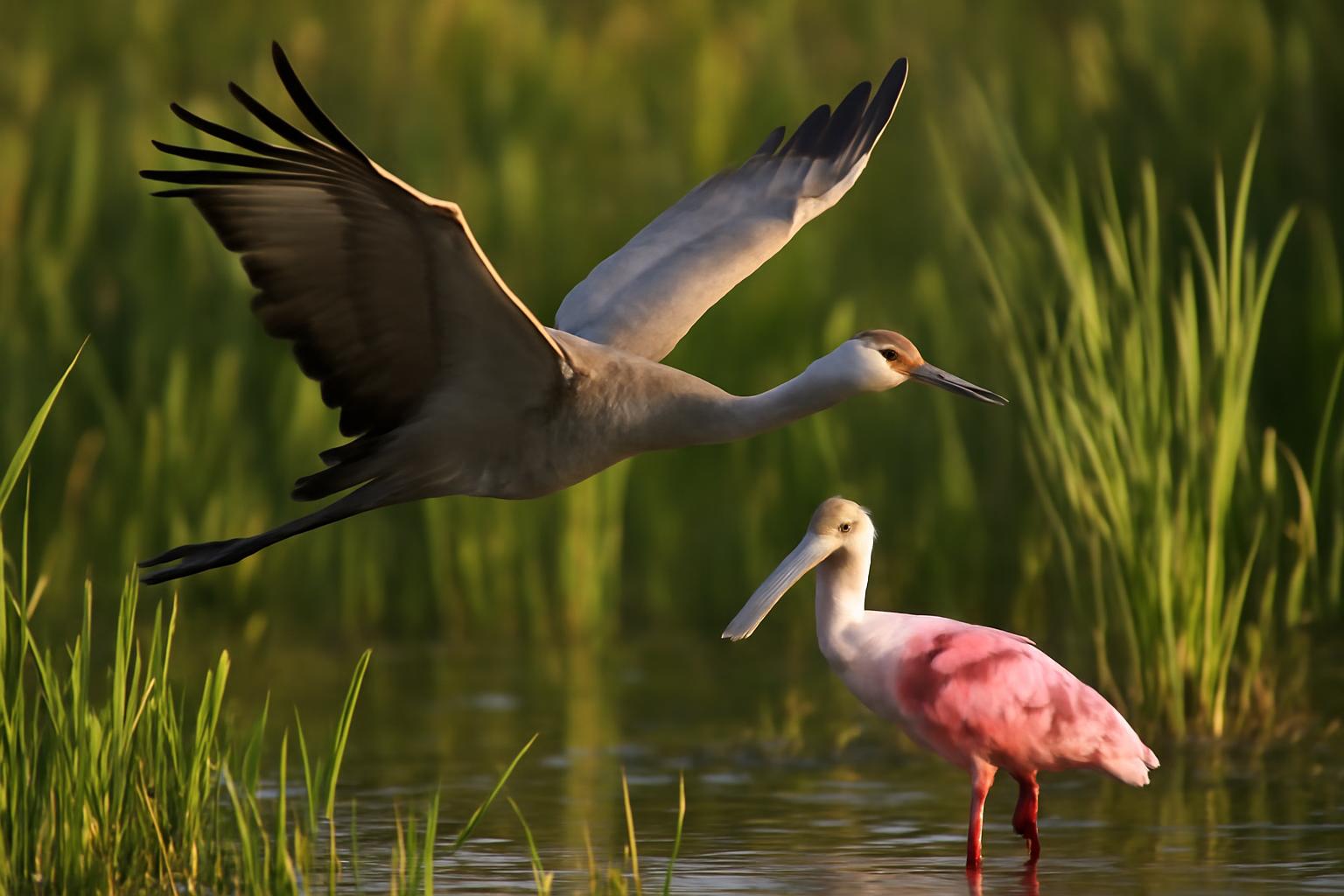 sandhill crane in natural habitat - AI generated illustration for article about Sandhill Crane & Roseate Spoonbill: Behavior as Resilience