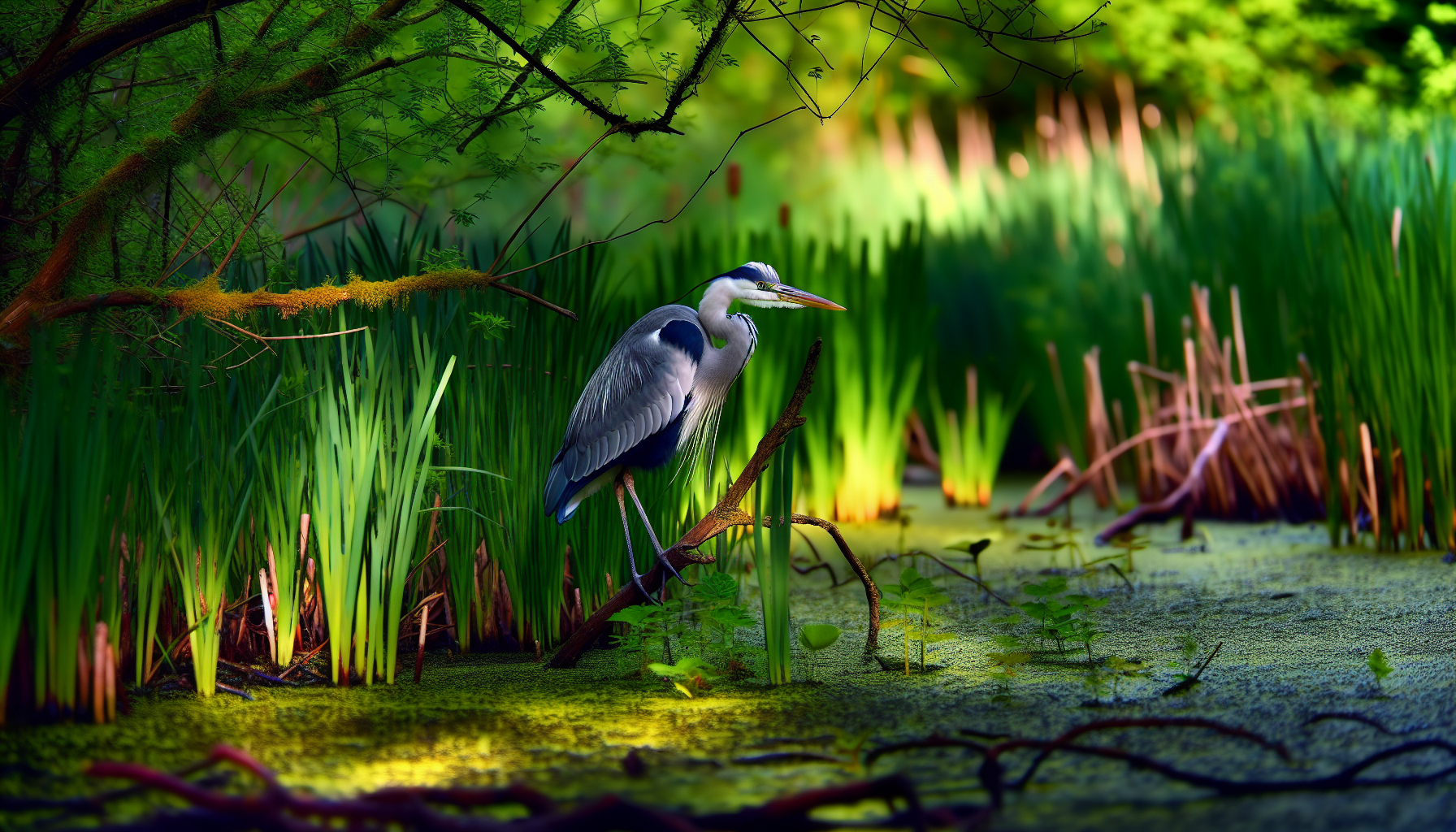 heron in natural habitat - AI generated illustration for article about Great Blue Heron vs White-breasted Nuthatch: Field ID Guide for Conservation Leaders