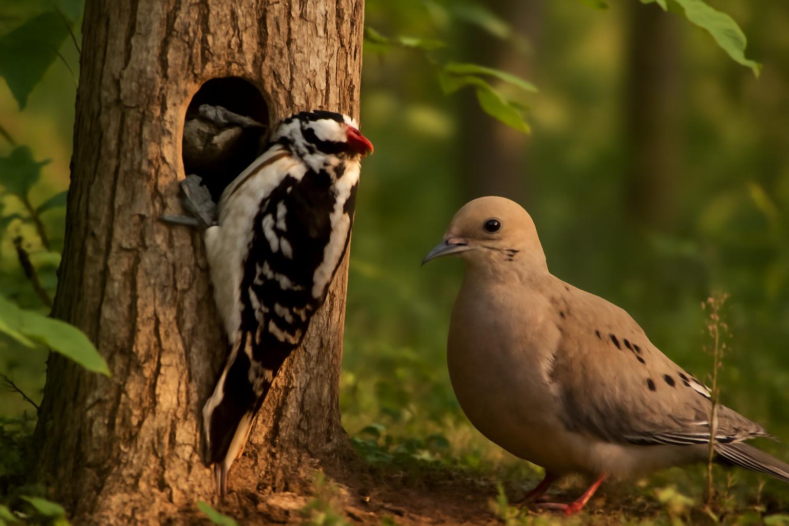 Bird in natural habitat - AI generated illustration for article about Backyard Bird Behavior: Downy Woodpecker & Mourning Dove