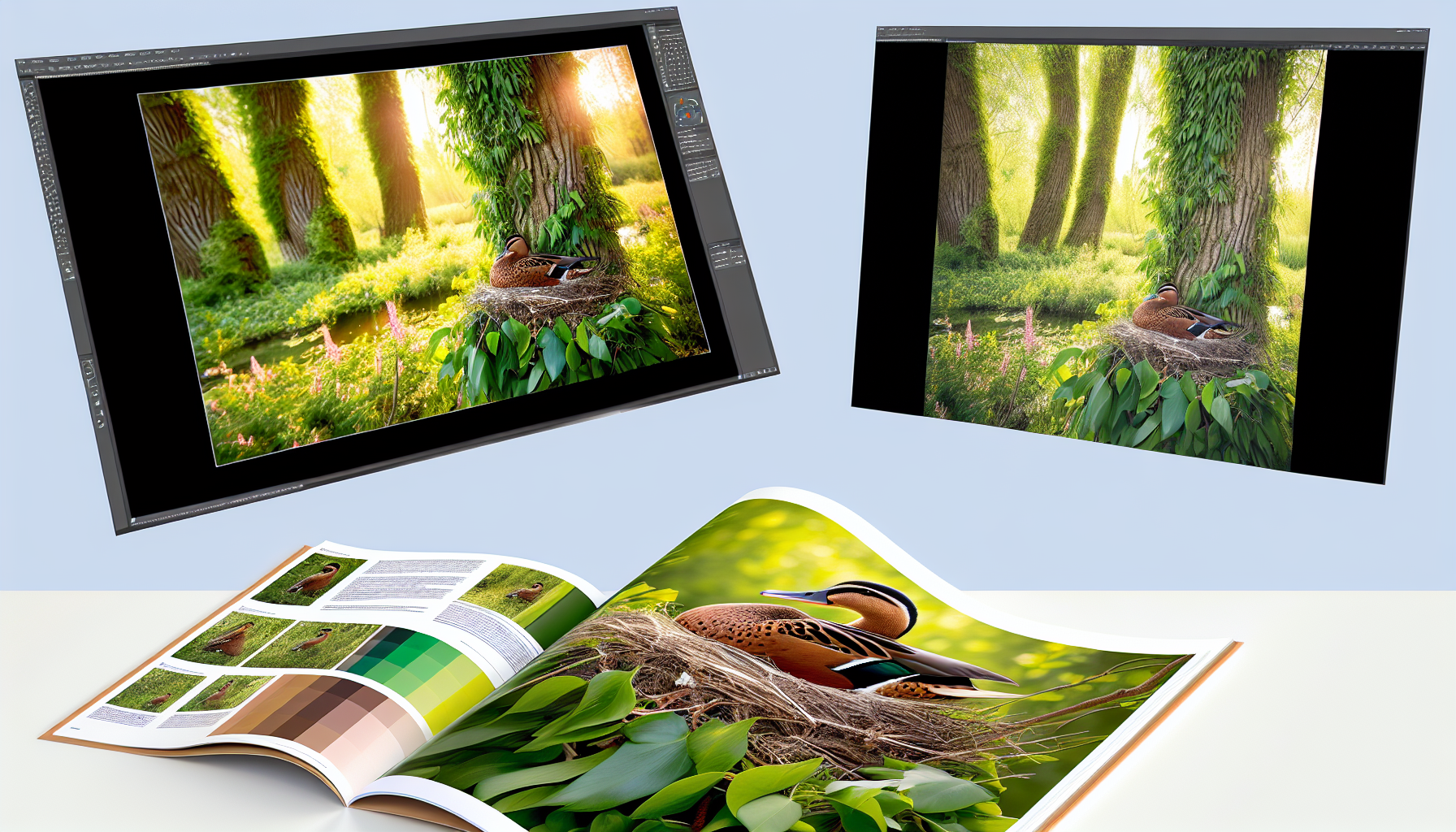 duck in natural habitat - AI generated illustration for article about How Native Plant Density Affects Bird Behavior: Wood Ducks, Woodpeckers & More