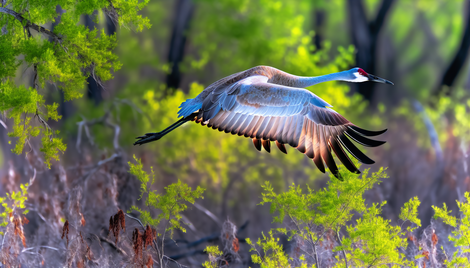 sandhill crane in natural habitat - AI generated illustration for article about Bird Migration Patterns: Sandhill Cranes, Killdeer & Great Horned Owls