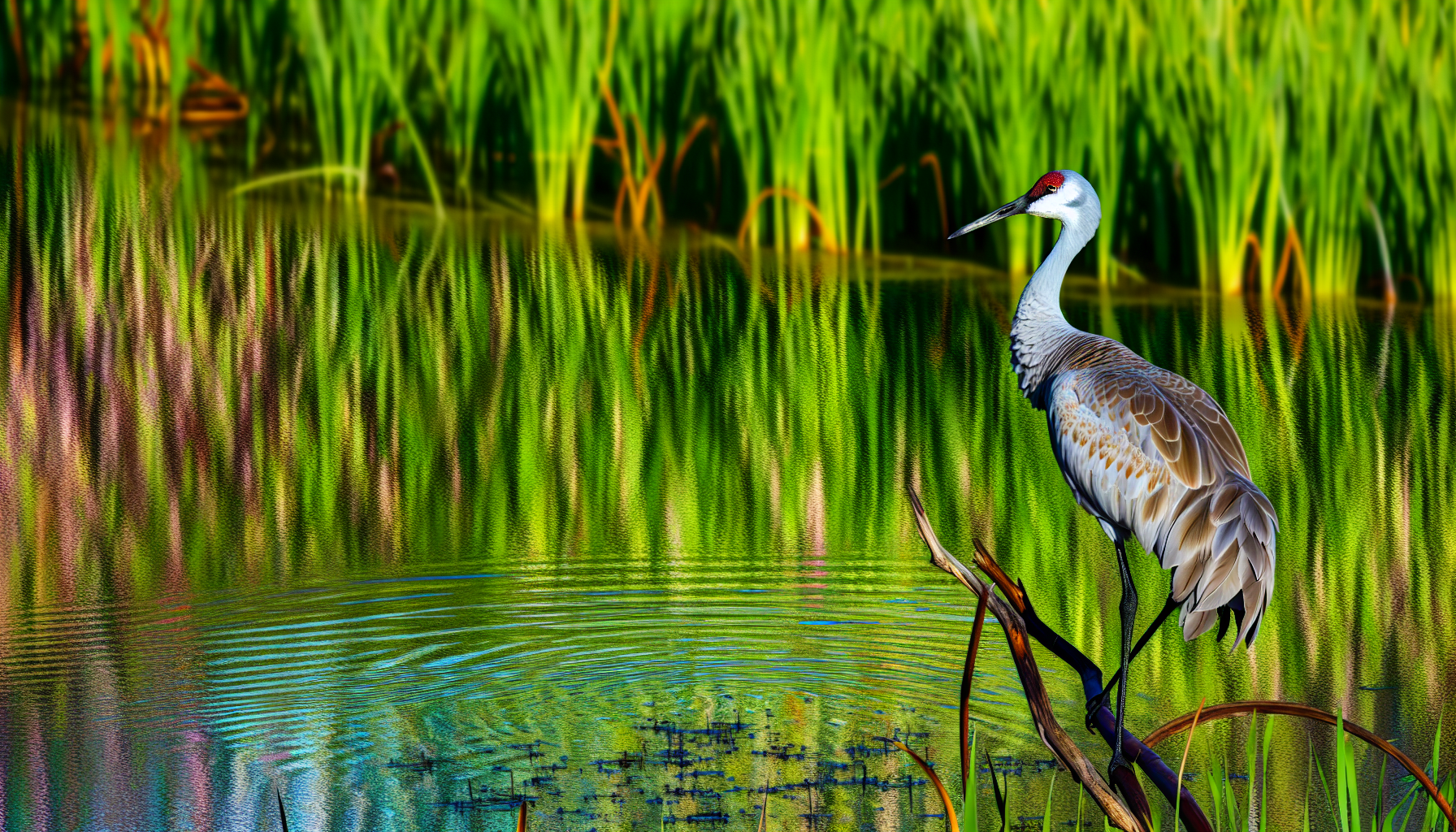crane in natural habitat - AI generated illustration for article about Identifying Wetland Birds: Cranes, Pelicans & Kingfishers Field Guide