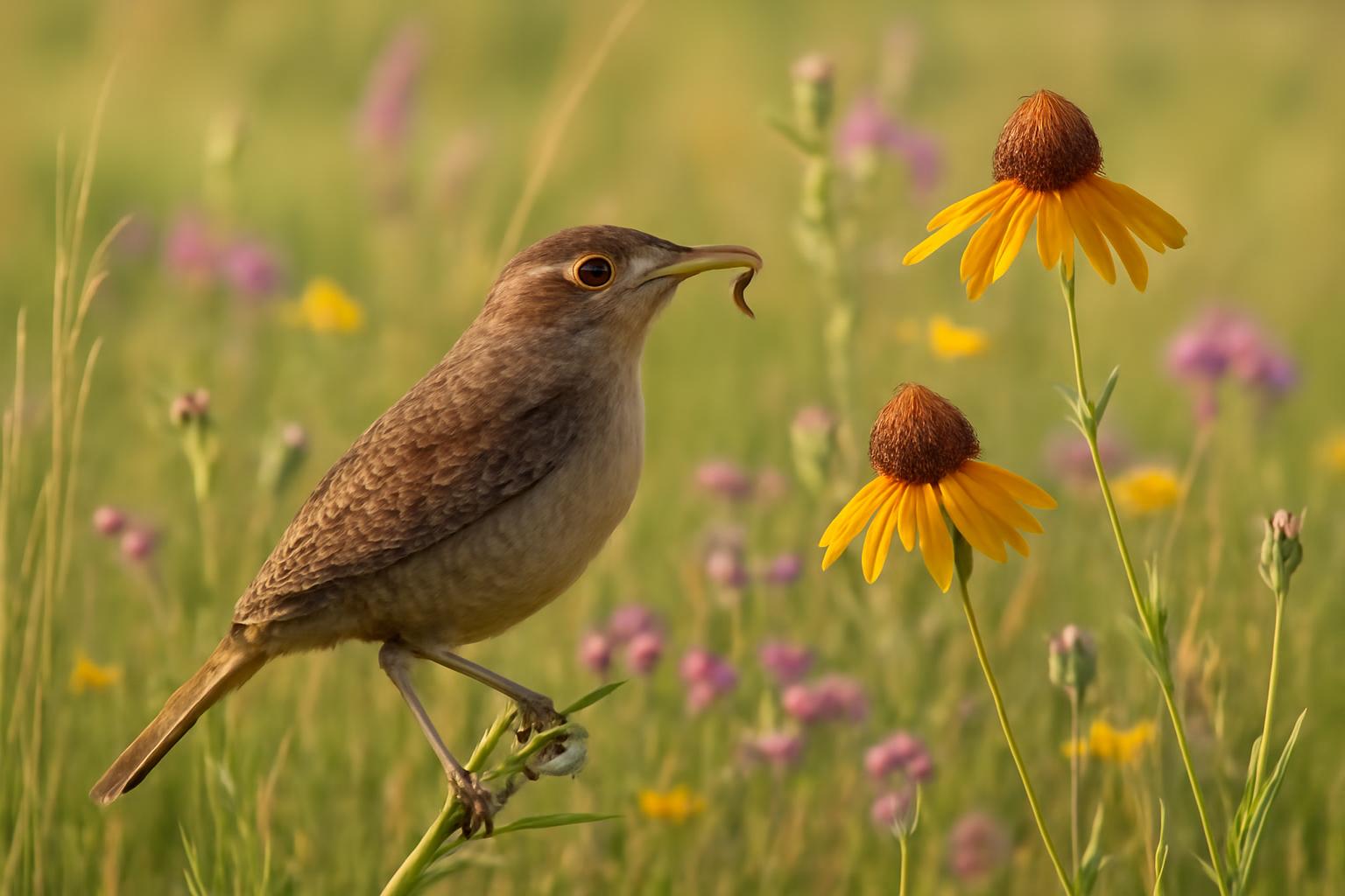 wren in natural habitat - AI generated illustration for article about Prairie Wildflowers as Bird Habitat: What Blooms Reveal