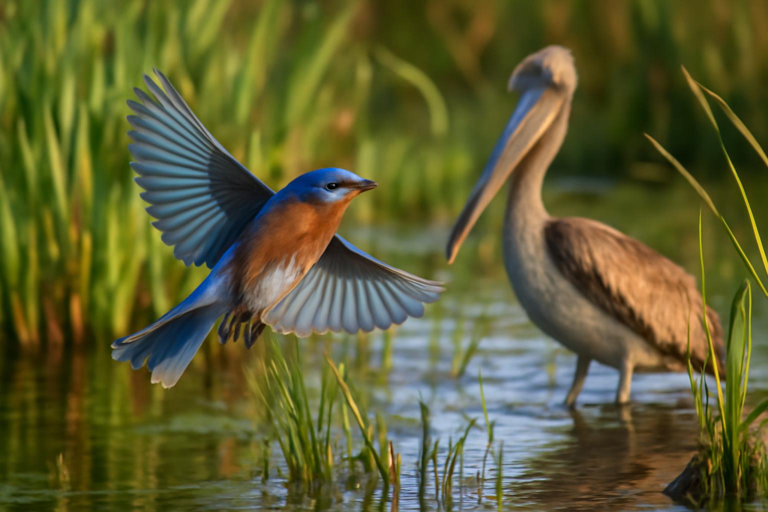 Bird in natural habitat - AI generated illustration for article about Wetland Bird Adaptations: How Eastern Bluebirds & Brown Pelicans Survive Habitat Loss