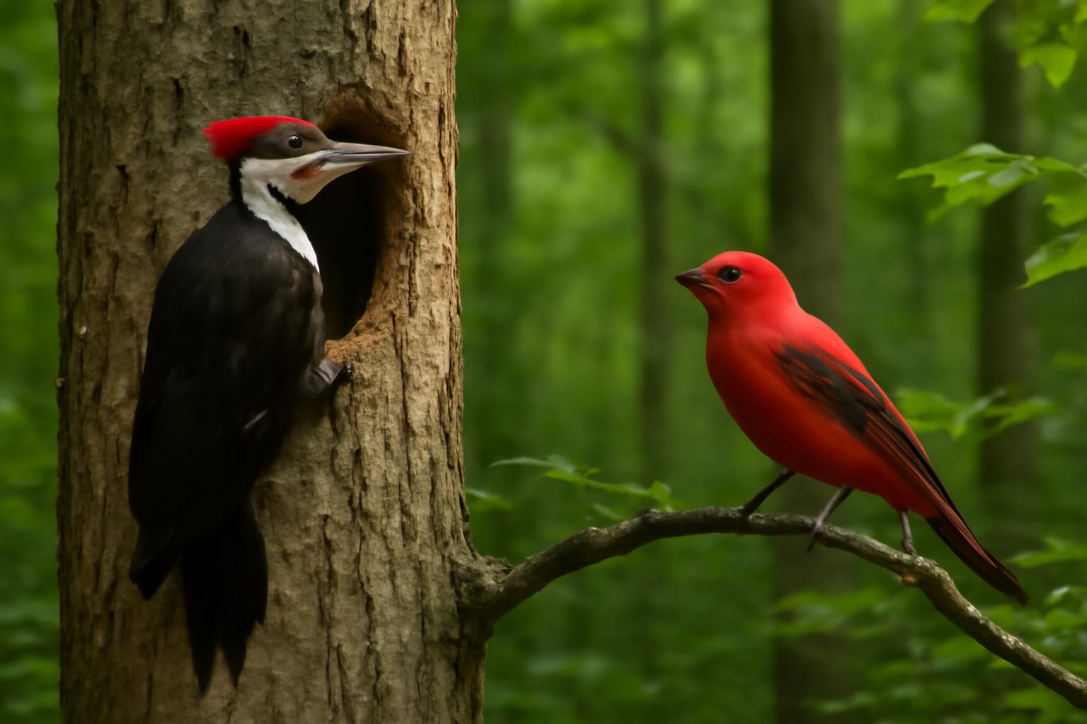 Bird in natural habitat - AI generated illustration for article about Forest Architects: Pileated Woodpecker & Scarlet Tanager Behavior