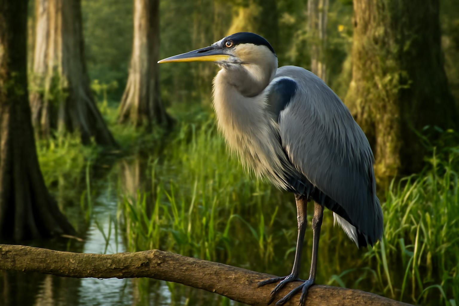 heron in natural habitat - AI generated illustration for article about What Old-Growth Cypress Swamps Actually Do for Birds
