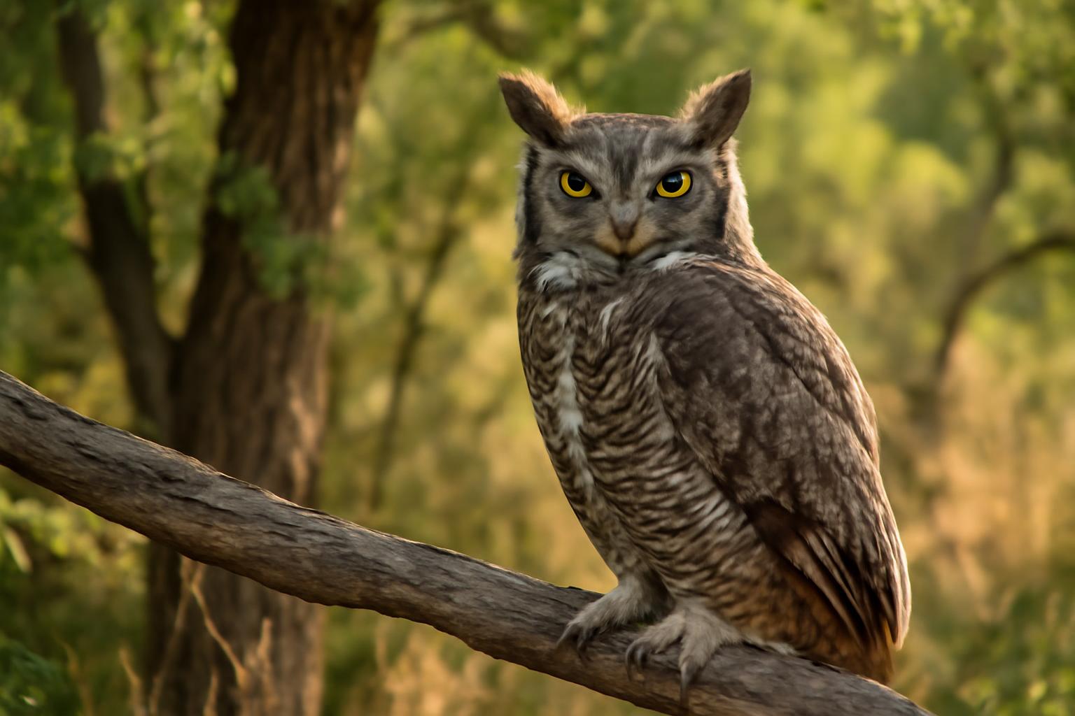 owl in natural habitat - AI generated illustration for article about Cedar Waxwing, Great Horned Owl & Spotted Towhee: Field ID Guide