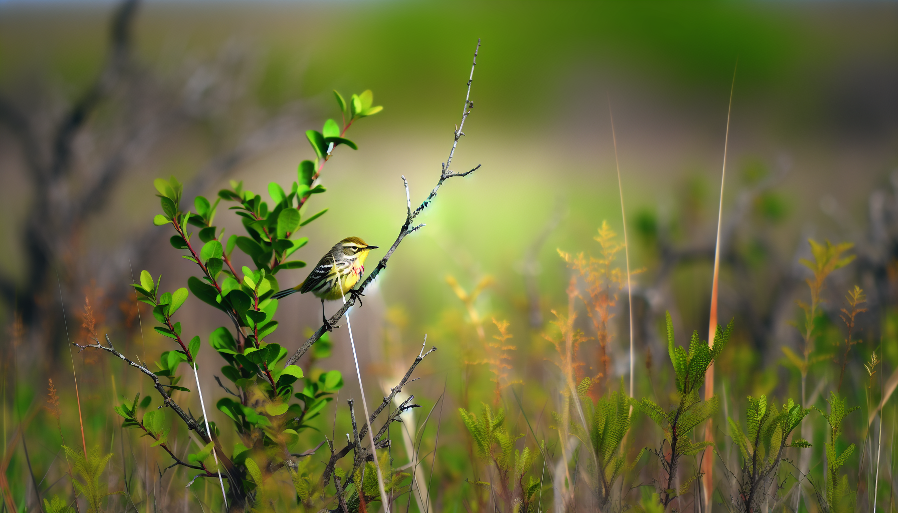 warbler in natural habitat - AI generated illustration for article about Farm Bill Conservation Programs: Proven Grassland Bird Recovery Models