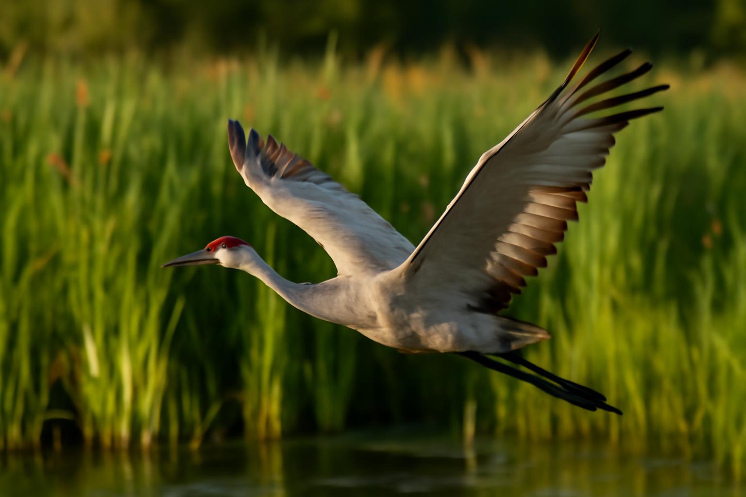sandhill crane in natural habitat - AI generated illustration for article about Canada Goose, Red-winged Blackbird & Sandhill Crane: ID Guide