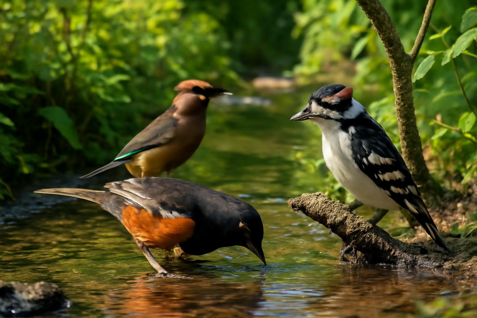 songbird in natural habitat - AI generated illustration for article about Water Quality and Songbirds: What Clean Streams Mean for Towhees, Waxwings & Woodpeckers